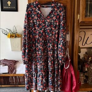 SHEIN Navy Floral Long Sleeve Dress